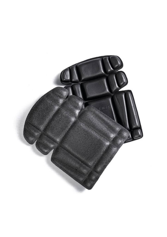 A set of black knee pads featuring a textured surface and contoured shape, arranged on a white background.