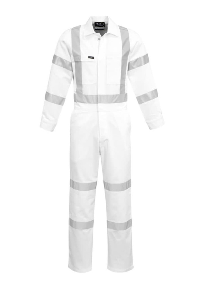A white overall featuring reflective stripes, complete with a front zip and pockets, designed for men.