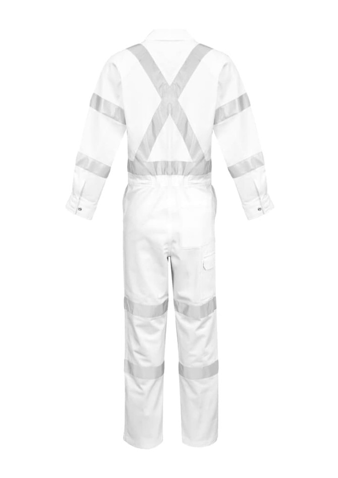 A white overall with reflective stripes and an adjustable X-back design, featuring long sleeves and pockets.