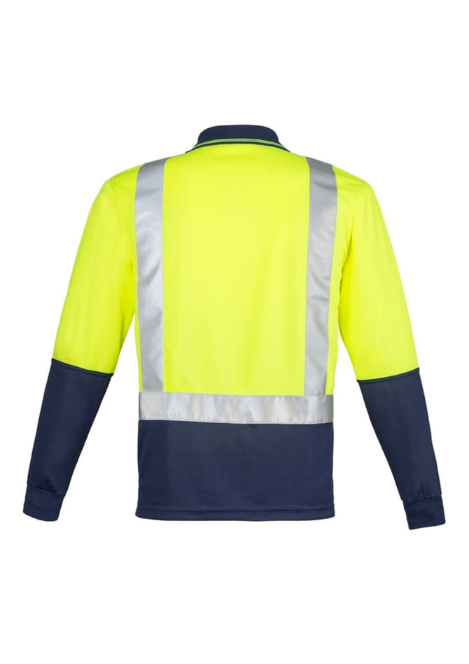 A long sleeve polo shirt featuring high visibility yellow fabric with navy blue sections and reflective tape.