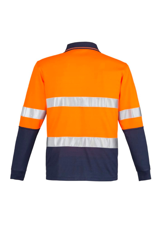 A long sleeve polo shirt featuring orange and navy, with hoop tape reflective strips and a logo.
