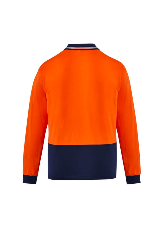 A long sleeve polo shirt featuring a bright orange upper section and a navy blue lower section, with a collar and branding.