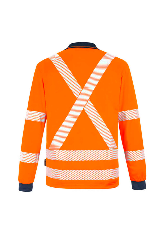 An orange long sleeve polo featuring a reflective X-back design and contrasting navy collar. It includes a logo.