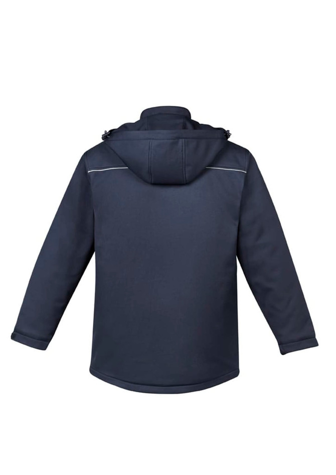 A navy unisex softshell jacket with a hood and reflective detailing on the back. It features a logo.