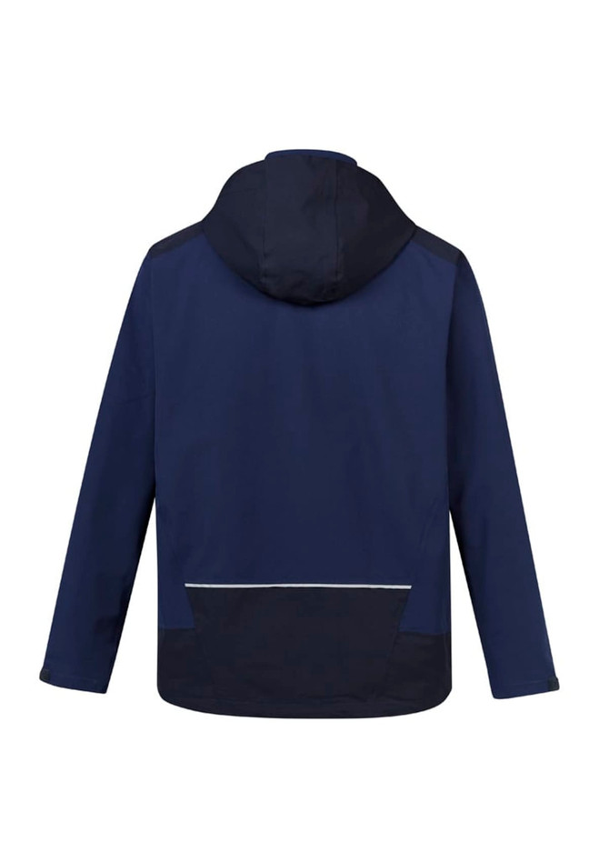 A navy blue unisex waterproof jacket featuring a hood and a back pocket, with contrasting black details.