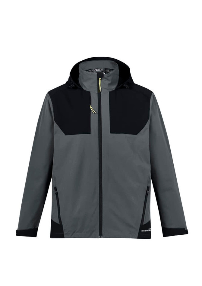 A waterproof jacket in grey with black accents, featuring a hood and zipper pockets. It has a logo on the front.