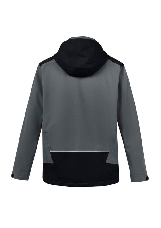 A grey and black unisex waterproof jacket with a hood, featuring a logo on the back.