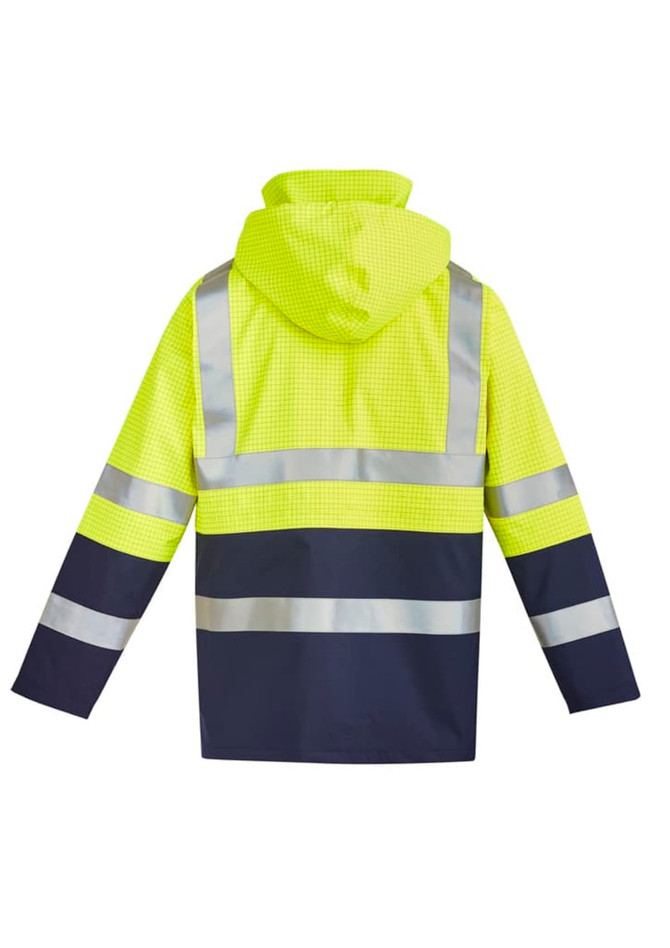 A high-visibility jacket in bright yellow and navy, featuring reflective strips and a hood for safety.