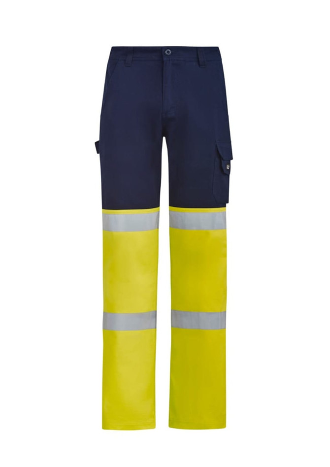 Hi-vis work pants in navy blue and yellow, featuring reflective tape and side pockets, with a logo present.