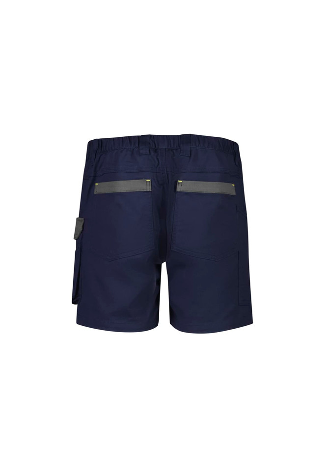 Men's rugged shorts in navy blue with multiple pockets and a logo; designed for workwear.