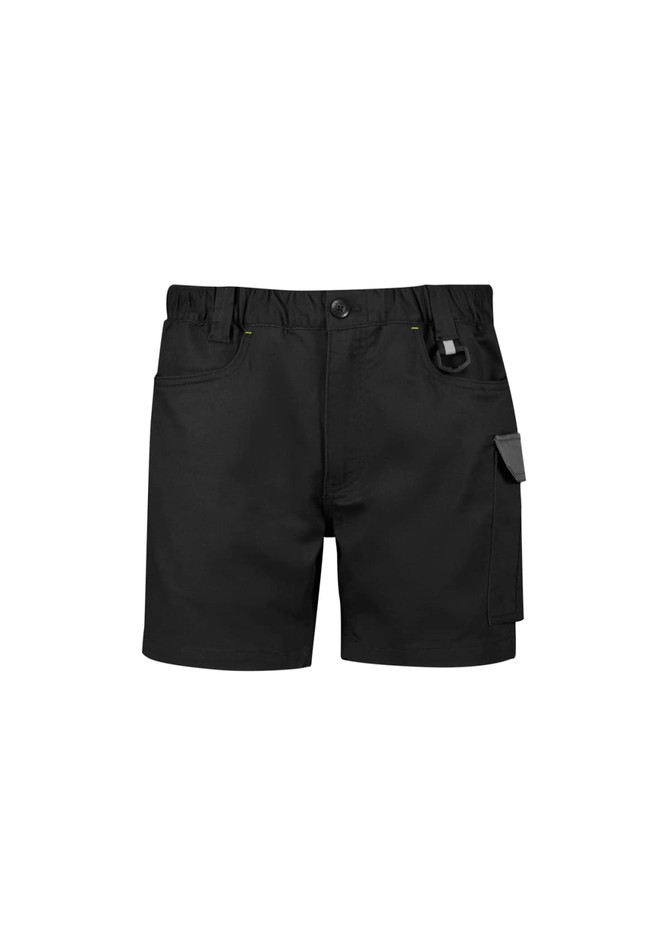 Men's black rugged cooling stretch shorts with pockets and a logo. Designed for durability and comfort in workwear.