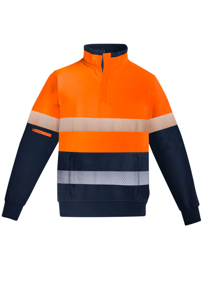 An orange and navy fleece pullover featuring a 1/4 zip and hoop-taped reflective stripes. It has a logo on the sleeve.