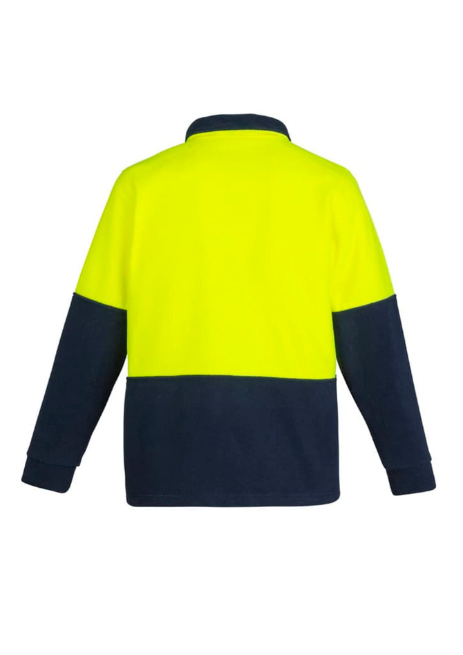 A unisex hi-vis 1/2 zip polar fleece pullover in bright yellow and navy, featuring a logo.