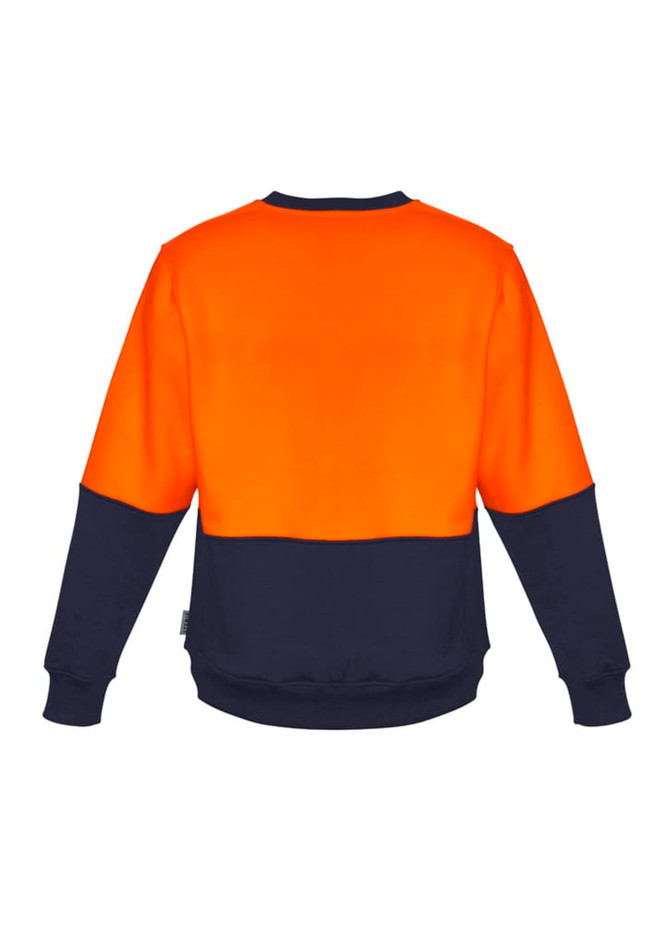 A unisex high visibility crew sweatshirt featuring an orange upper and navy lower. It includes a logo on the garment.