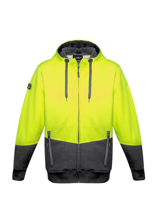 A bright yellow and grey unisex hi-vis textured jacquard full zip hoodie with a logo on the sleeve.