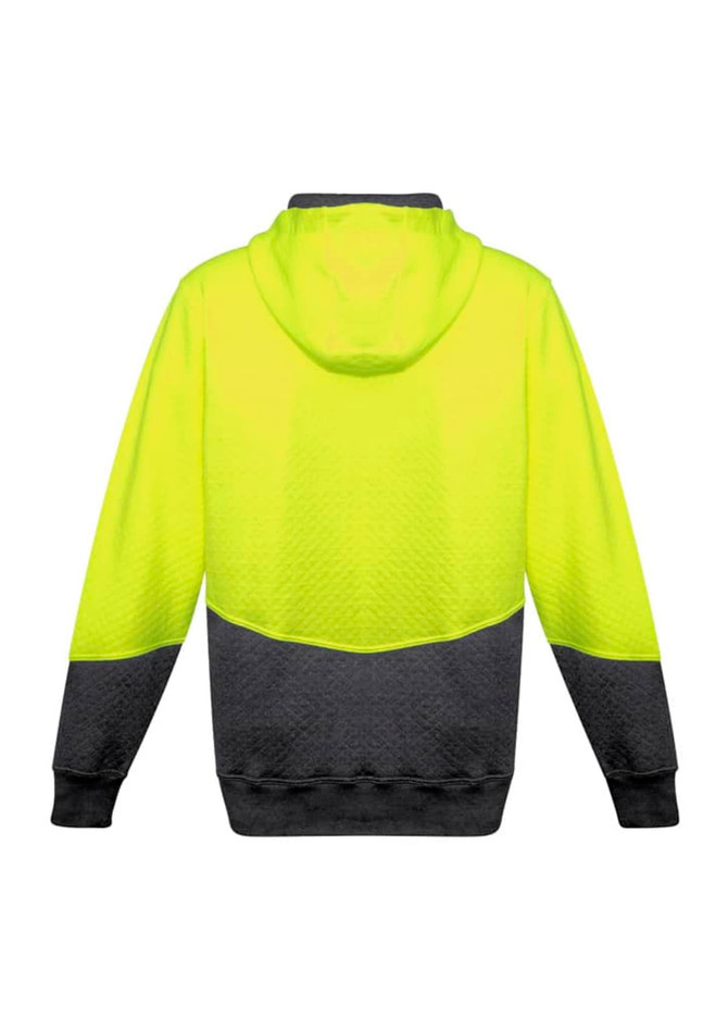 A unisex hi-vis textured jacquard full zip hoodie in bright yellow and black, featuring a hood and a logo.