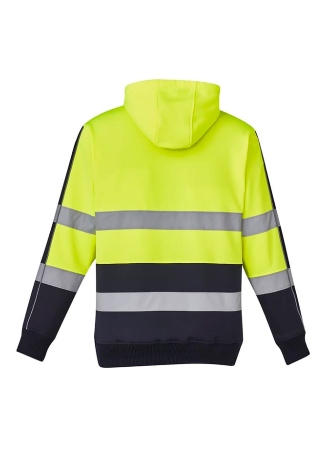 A bright yellow unisex hoodie with reflective stripes and a black bottom. It features a hood and has a logo.