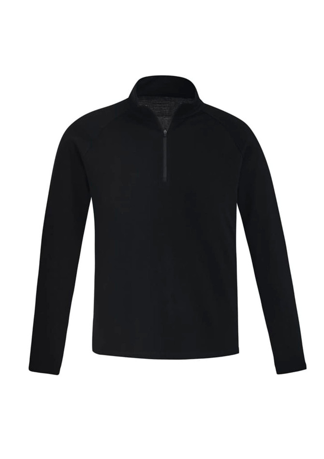 A black unisex Merino wool mid-layer pullover with a quarter-zip collar and long sleeves.