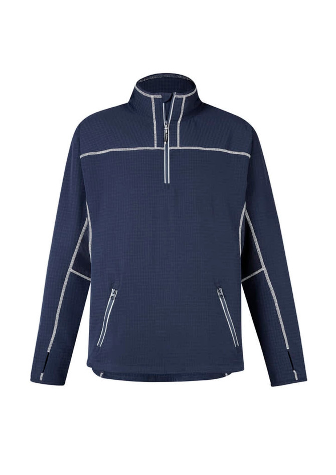 A dark navy mid-layer jacket with a half-zipper and contrasting white stitching, featuring two front pockets and a logo.