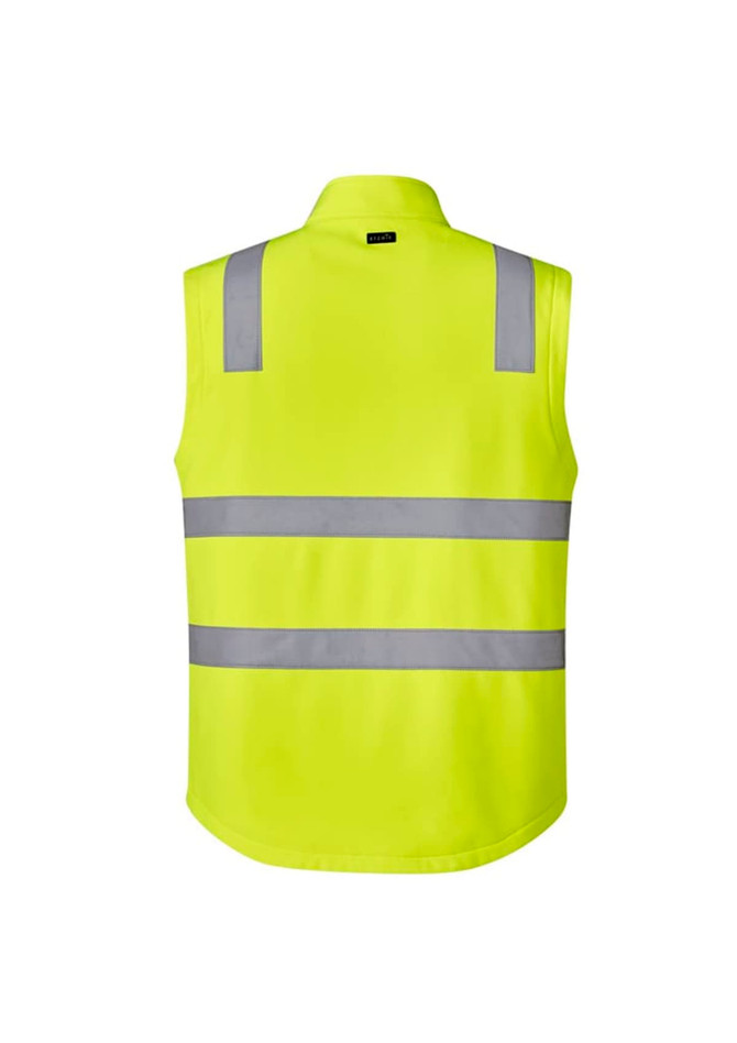 A unisex hi-vis softshell vest in bright yellow with reflective grey stripes and a branding logo.
