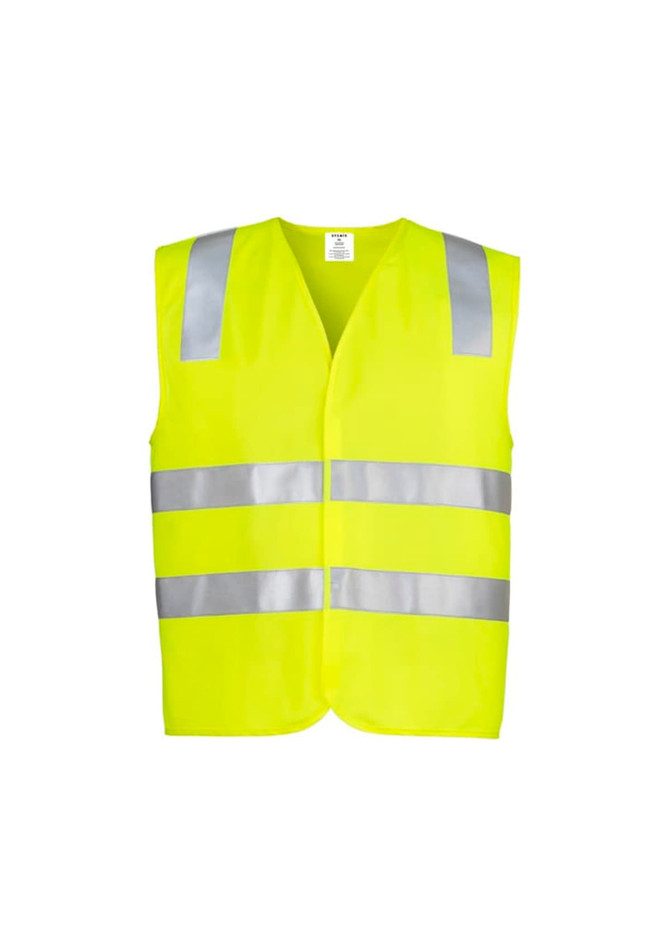 A unisex hi-vis vest in bright yellow, featuring reflective stripes and a simple design. Includes a logo.