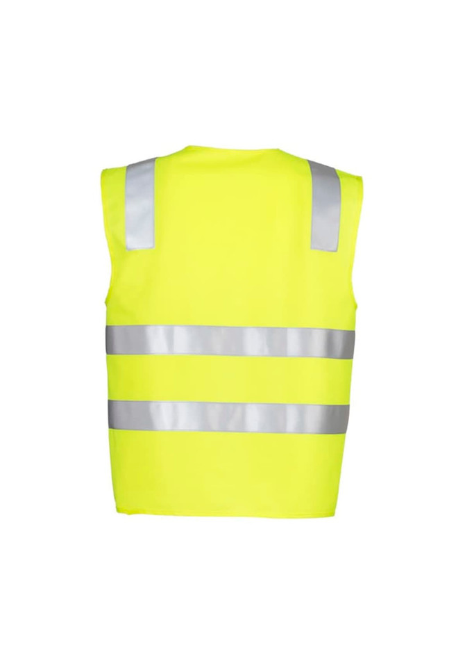 A unisex hi-vis basic vest in bright yellow with reflective stripes and a logo. Ideal for safety wear.