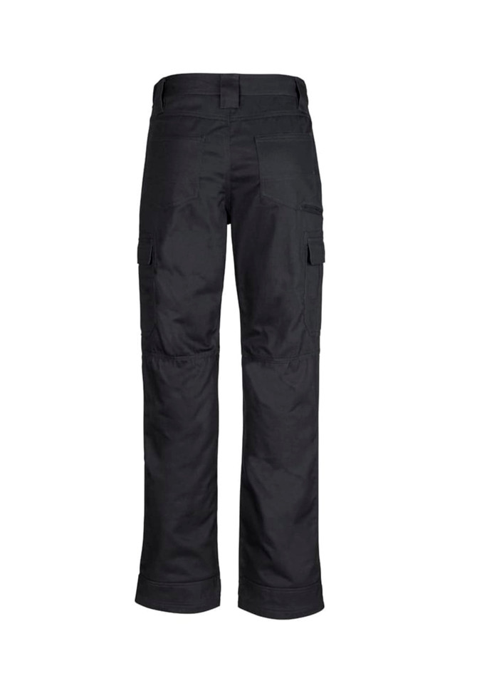Black men's midweight drill cargo pants with multiple pockets and a logo, viewed from the back.