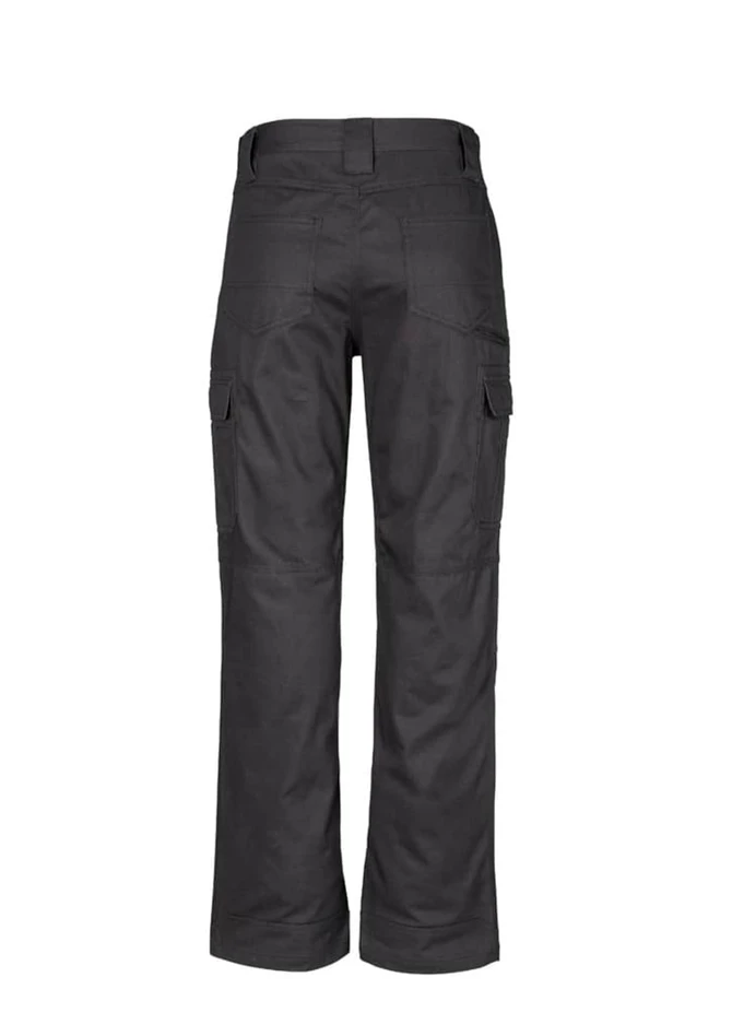 Midweight drill cargo pants in dark grey with multiple side pockets and a branded logo.