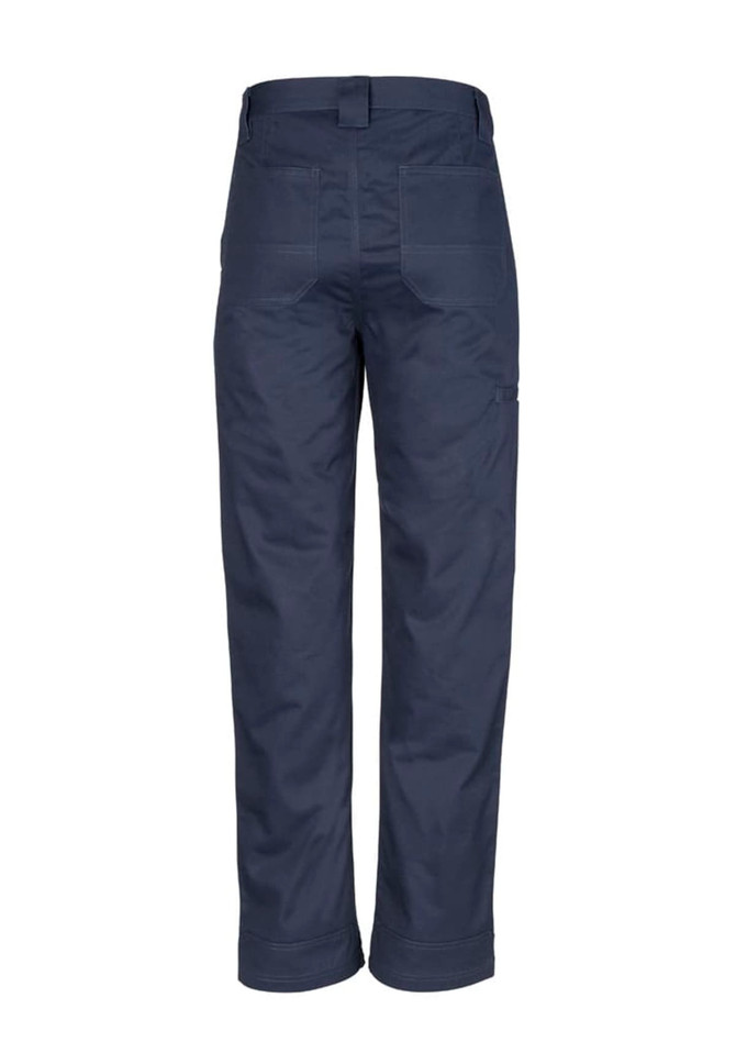 A pair of navy blue utility pants featuring multiple pockets and a branded logo on the back.