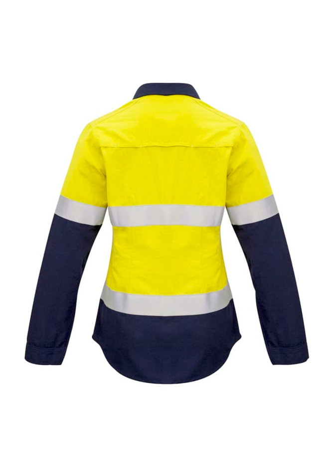 A women's long-sleeve safety shirt featuring a yellow and navy design with reflective tape. Includes a logo.