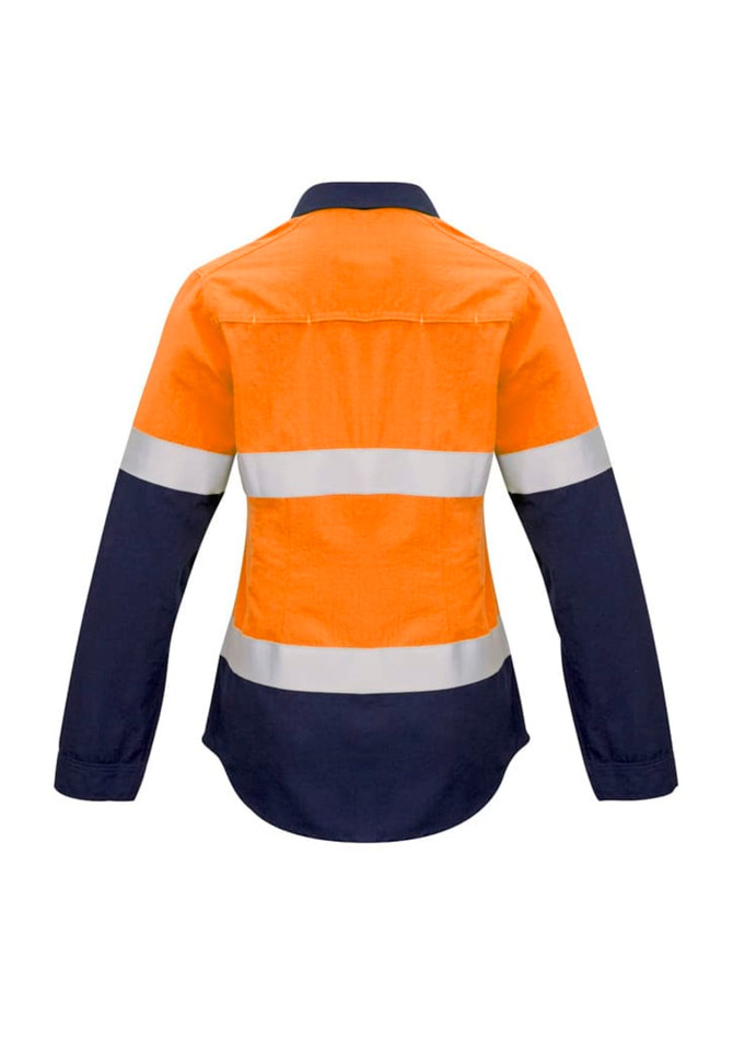 A women's safety shirt featuring an orange and navy design, with reflective tape across the front and back.