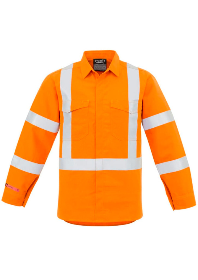 A high-visibility orange shirt featuring reflective stripes and a chest pocket, with long sleeves and a logo.
