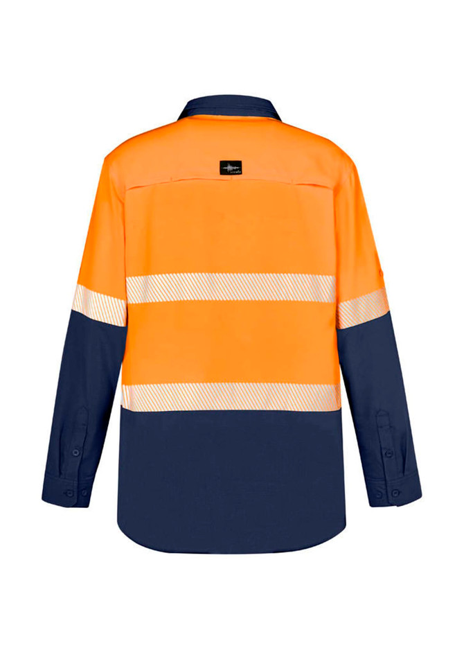 A long sleeve shirt featuring segmented reflective tape, in bright orange and navy blue, with a logo on the back.