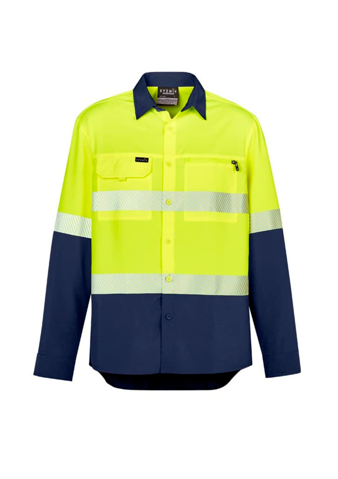 A long sleeve shirt in hi-vis yellow with navy segments and reflective tape, featuring a pocket and branding.