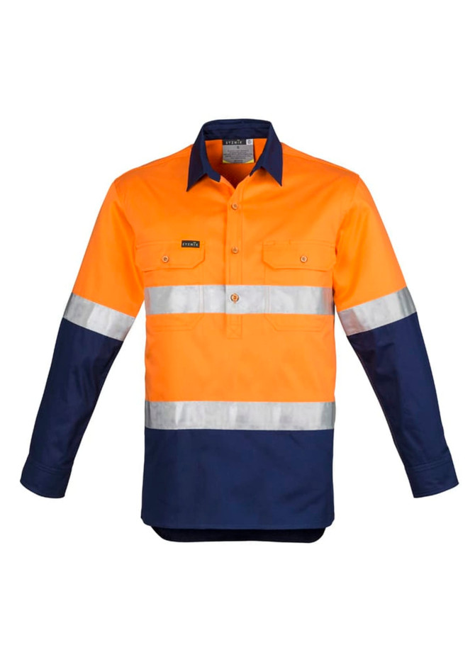 A long sleeve work shirt featuring orange and navy colours with reflective hoop taping and a logo.