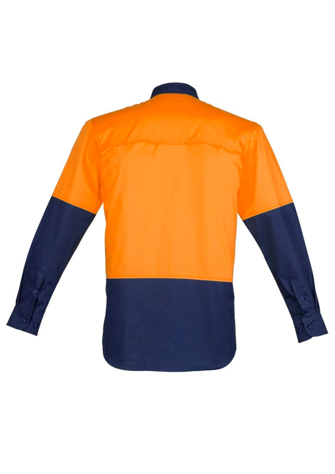 A long sleeve shirt featuring an orange upper section and navy blue lower section, with a back vent and buttoned cuffs.