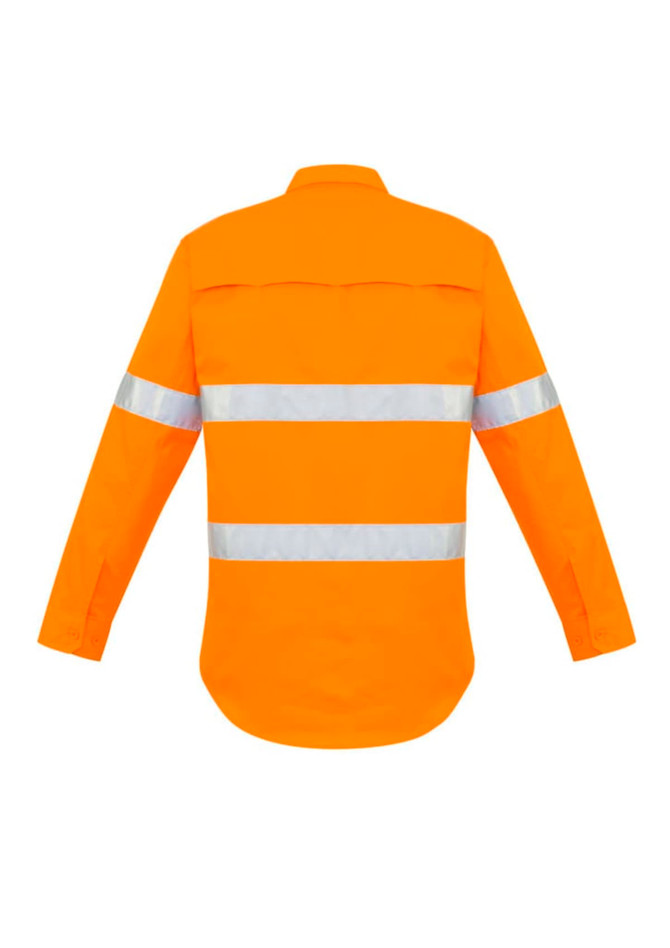 An orange long sleeve shirt with reflective hoop tape across the shoulders and sleeves, featuring a plain back.