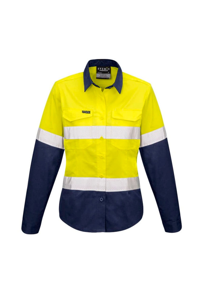 A long sleeve work shirt in bright yellow and navy, featuring reflective tape and a logo on the chest.