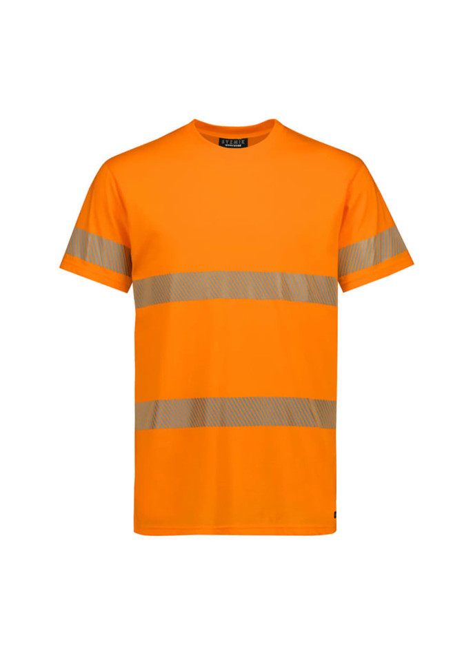 An orange cotton T-shirt with reflective segmented tape stripes and a logo. Suitable for workwear.