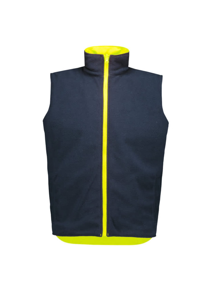 A reversible vest in navy and hi-vis yellow, featuring a full front zip and a collar, with a logo.