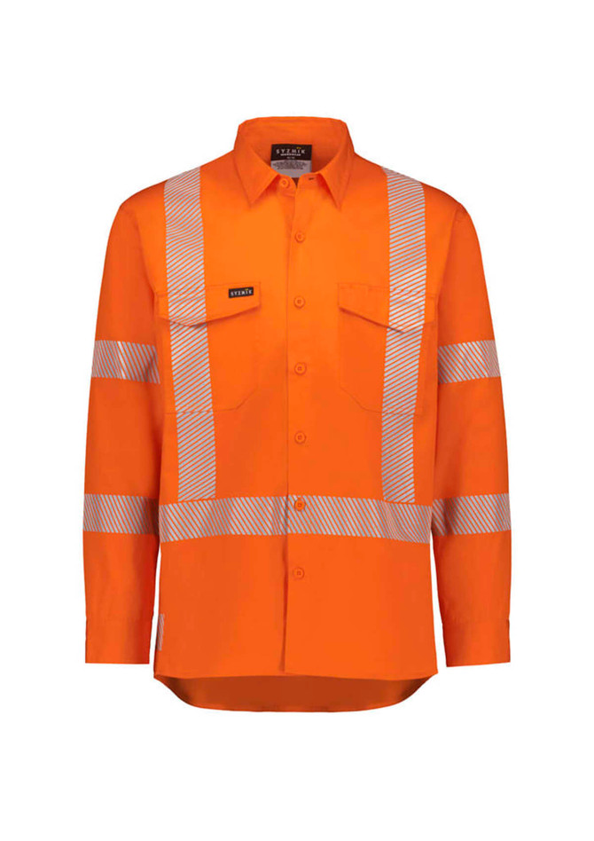 Hi-vis orange shirt featuring segmented reflective tape across the chest and arms, with two front pockets and a logo.