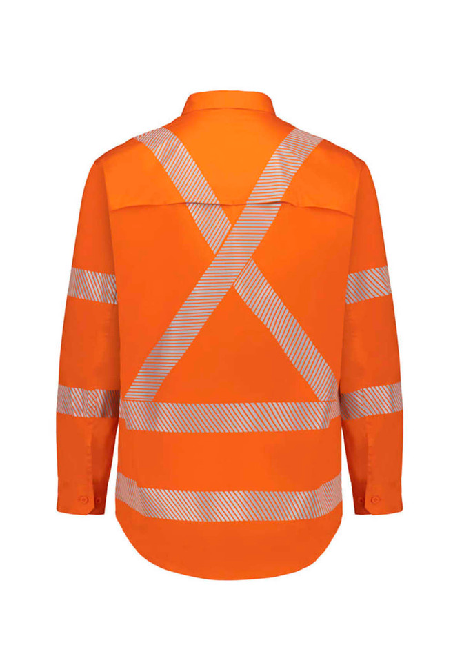 A long-sleeved men's hi-vis shirt in orange with segmented reflective tape in an X pattern on the back.