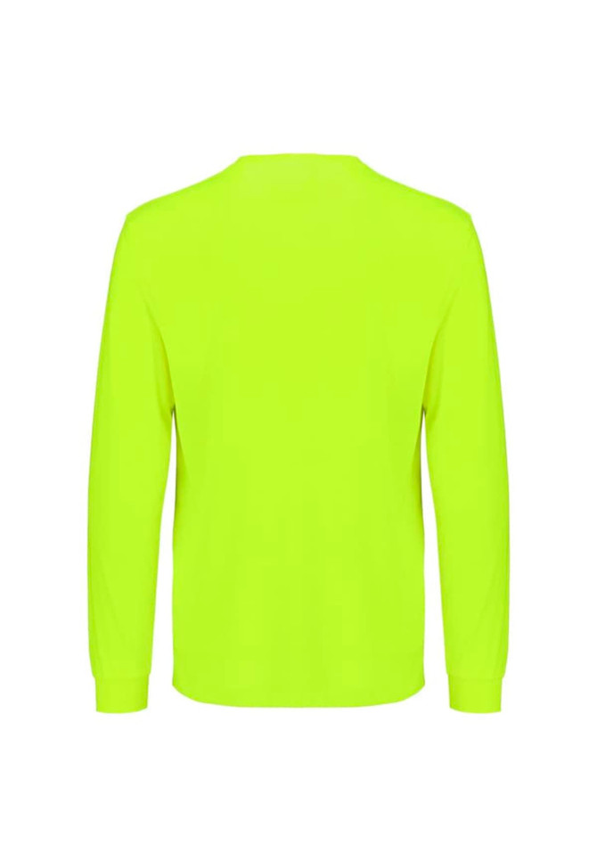 A bright yellow long sleeve tee with a plain back and a logo on the upper back.