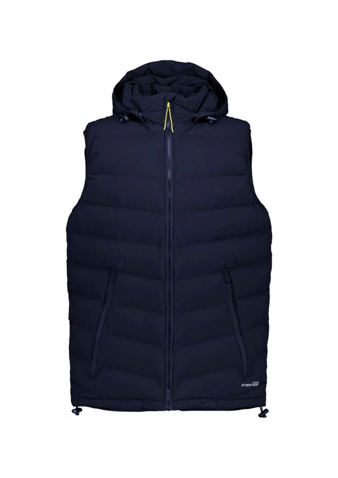 A navy unisex hooded puffer vest with a front zip and two side pockets. Features a logo on the upper.