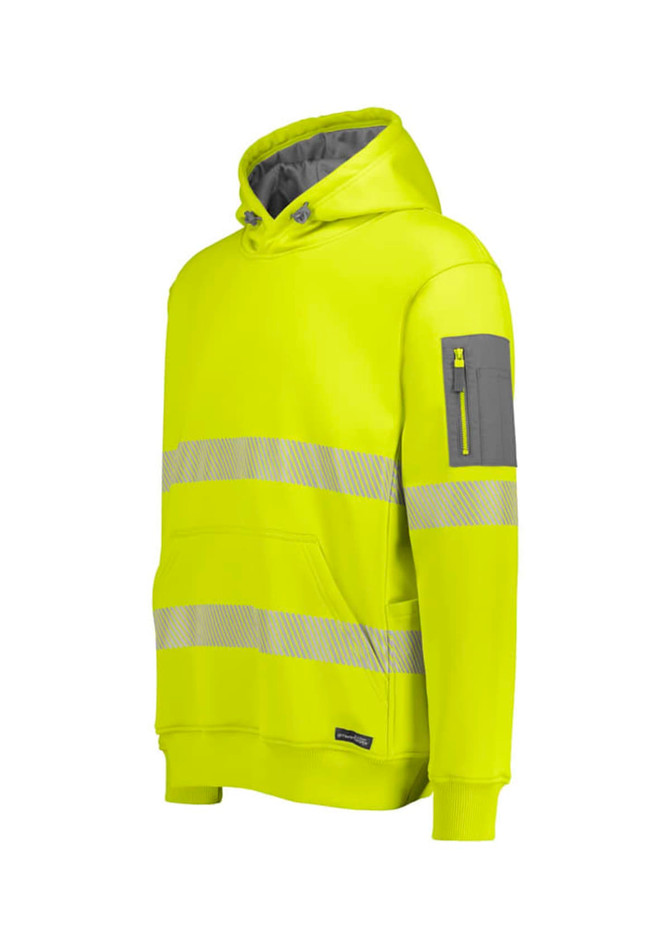 A bright yellow unisex water-resistant hoodie featuring segmented reflective tape and a zippered arm pocket.