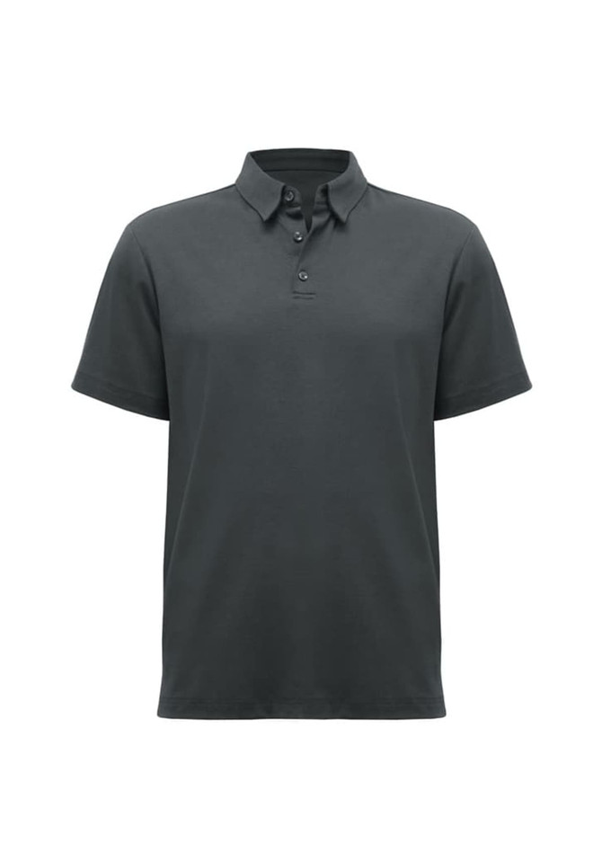 A dark grey men's polo shirt with a classic collar and short sleeves, featuring a logo branding.