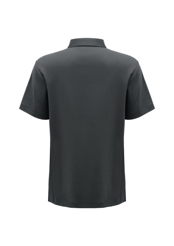 A dark grey men's short sleeve polo shirt with a collar and a branding logo on the back.