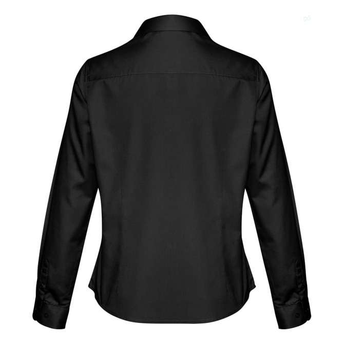 A black women's button-up long sleeve shirt featuring a sleek design and a back view. It has a logo on the label.