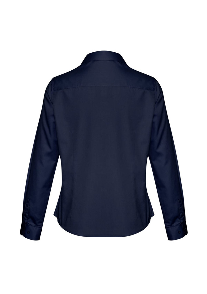A women's long sleeve shirt in navy blue, featuring a tailored back and button details, with a logo displayed.