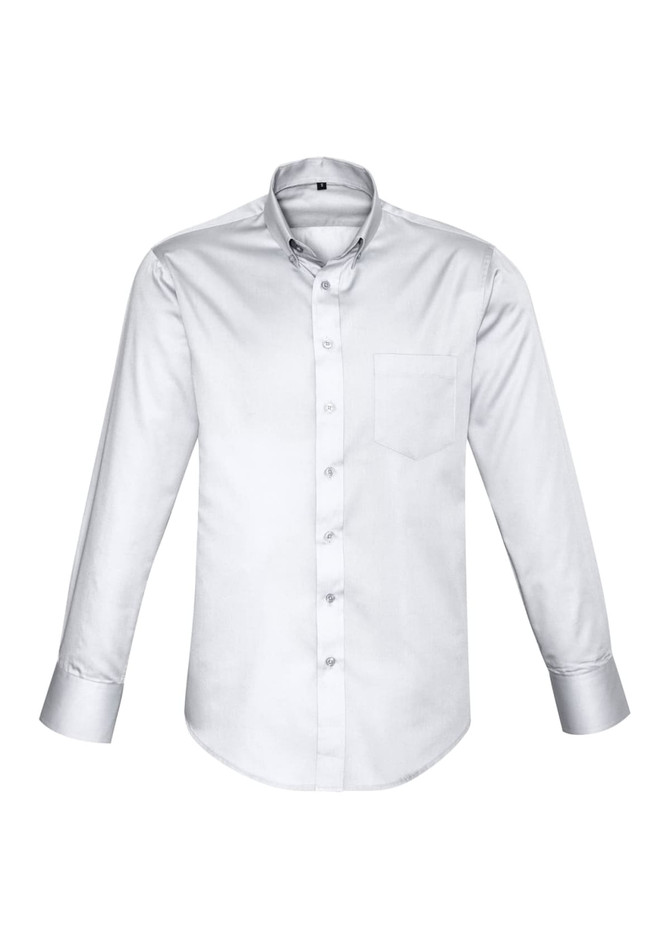 A white long sleeve button-up shirt with a single chest pocket and a collar, featuring a logo.